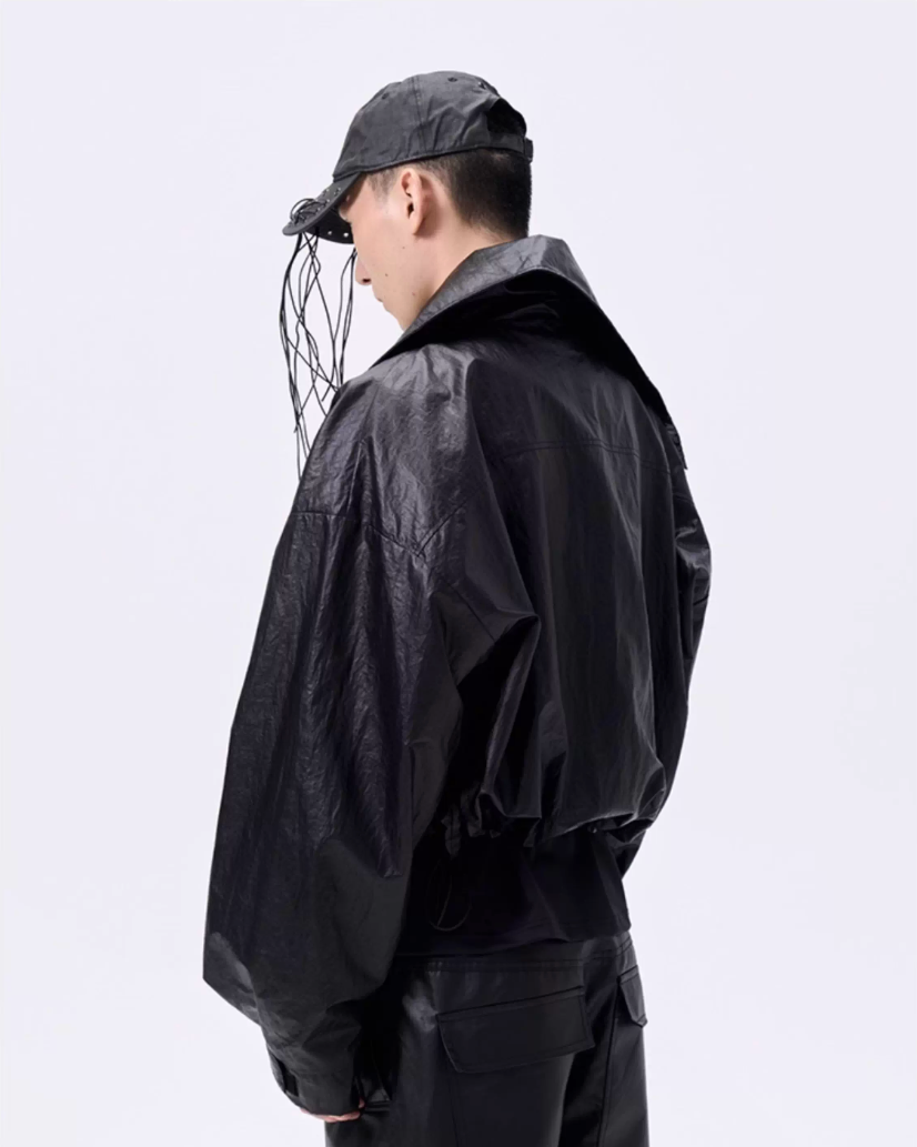 Cropped Oversized Stand Collar Coated Blouson koku0049