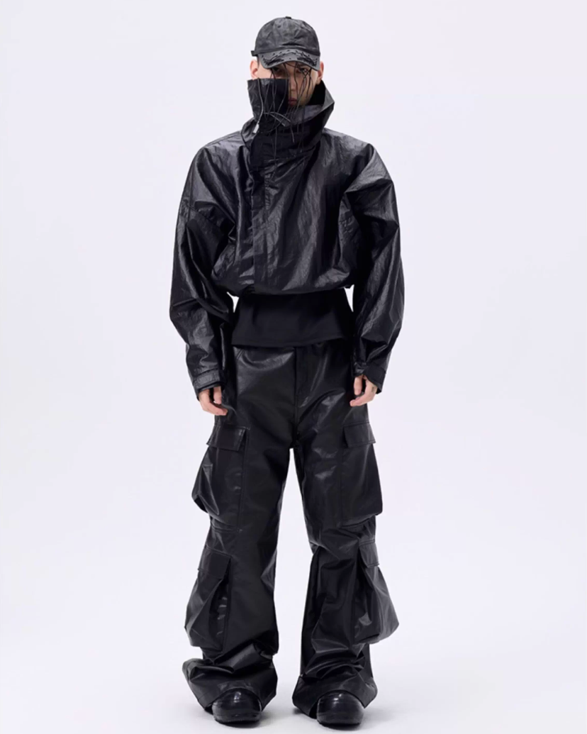 Cropped Oversized Stand Collar Coated Blouson koku0049