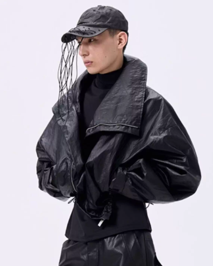 Cropped Oversized Stand Collar Coated Blouson koku0049