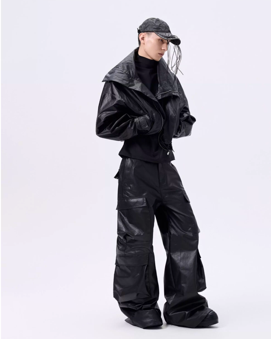 Cropped Oversized Stand Collar Coated Blouson koku0049