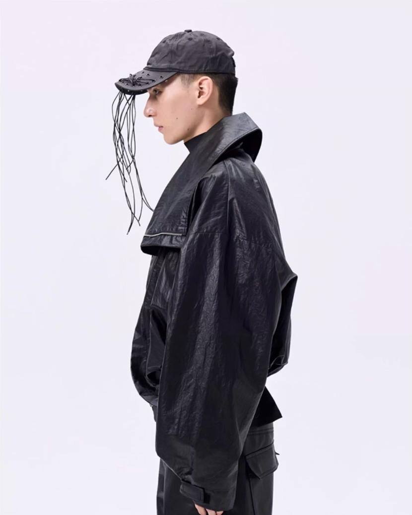 Cropped Oversized Stand Collar Coated Blouson koku0049