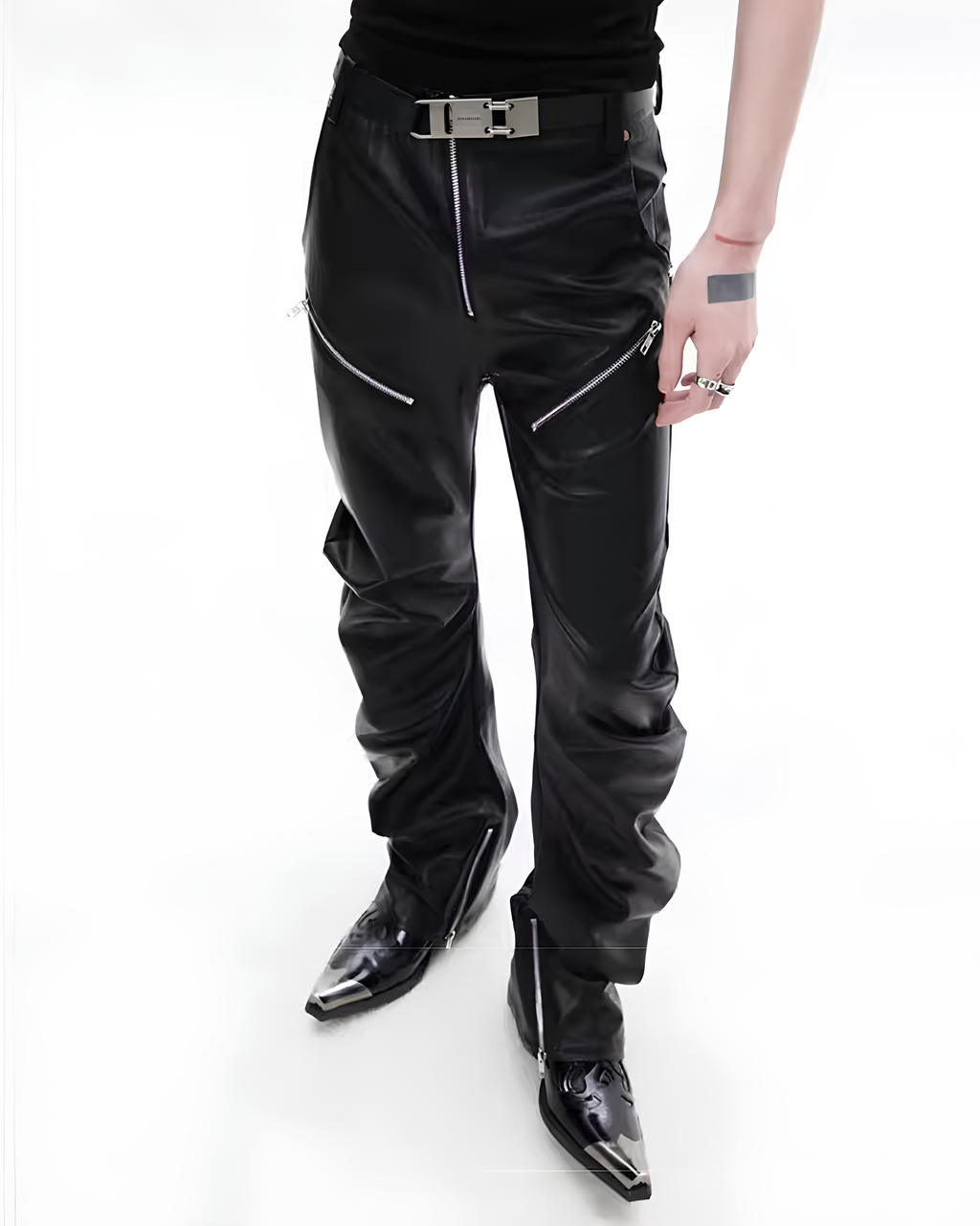 Curved Leather Zip Pants koku0142