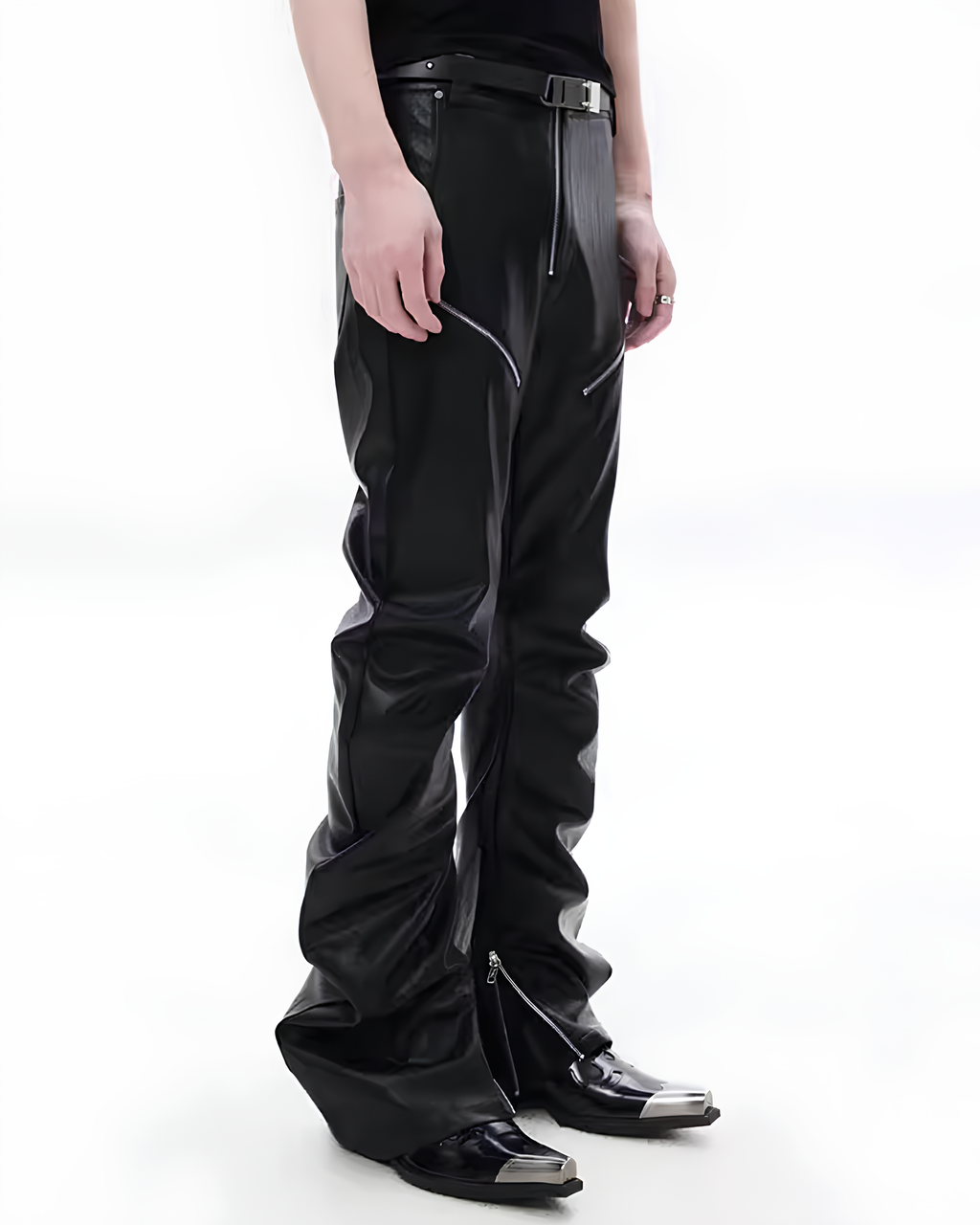 Curved Leather Zip Pants koku0142