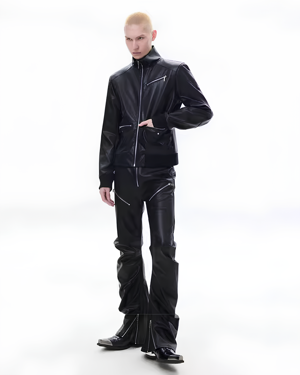 Curved Leather Zip Pants koku0142
