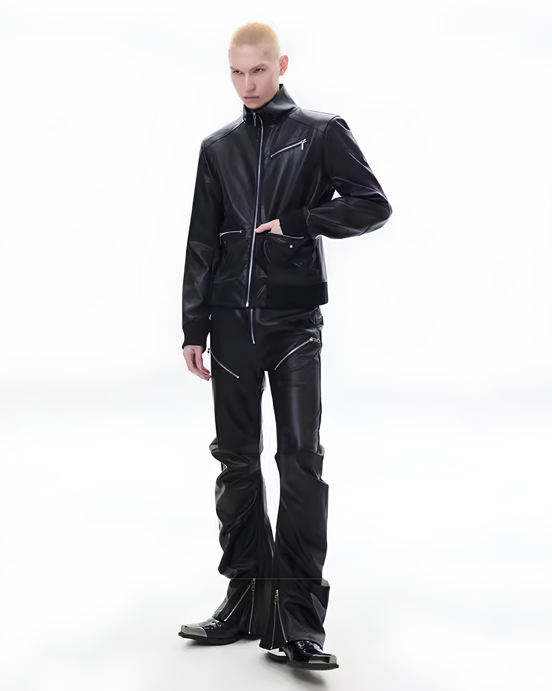 Curved Leather Zip Pants koku0142