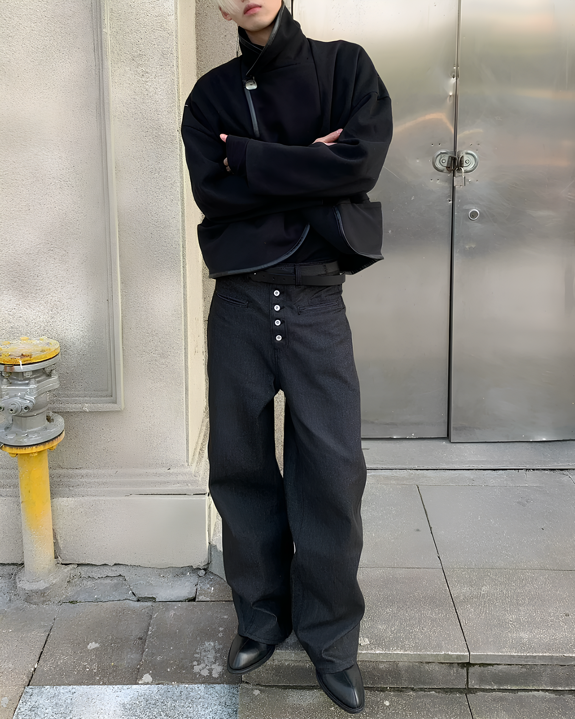13.5oz Wide-Leg Raw Black Baggy Jeans koku0151