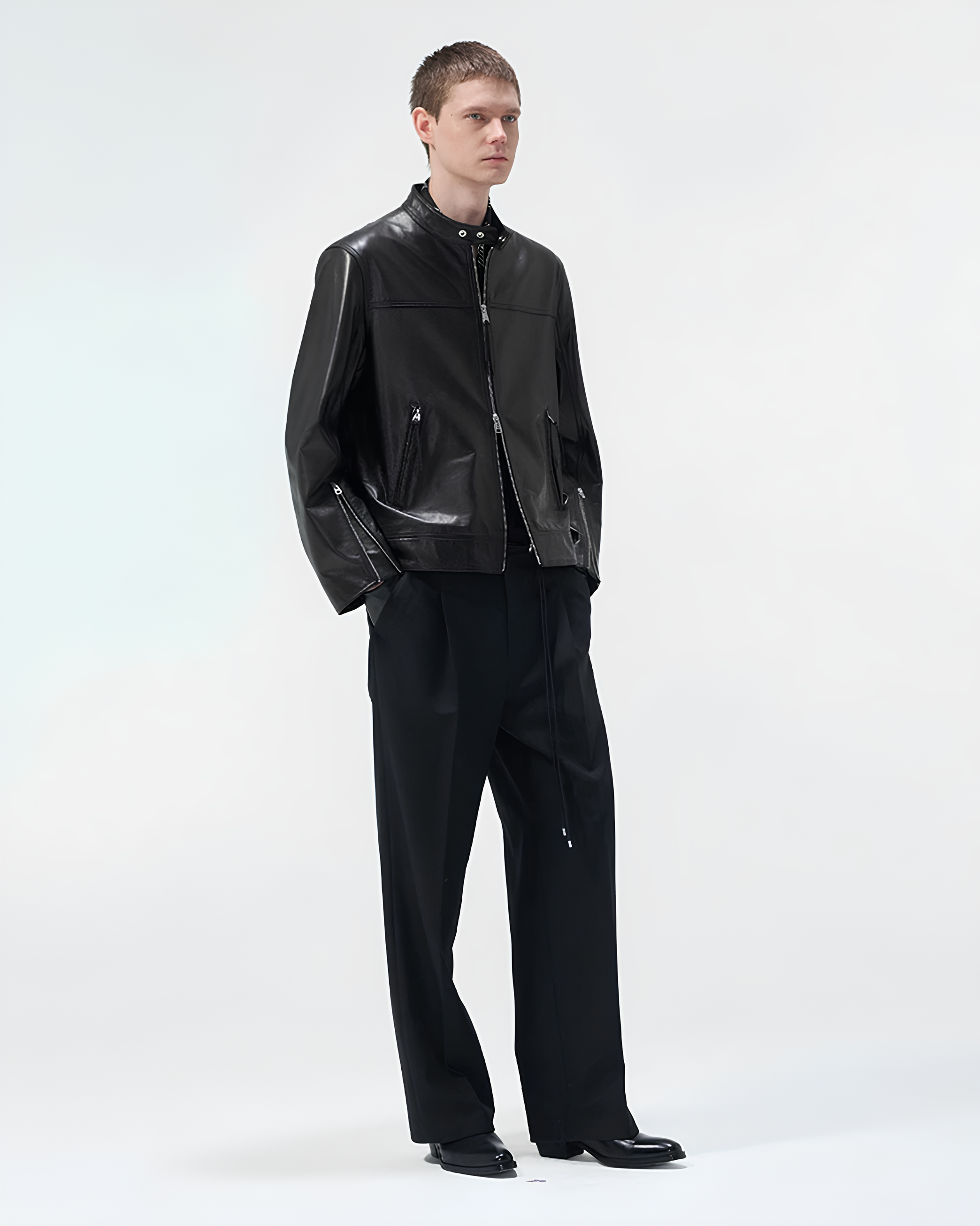 Cow Leather Stand Collar Zip Jacket koku0153