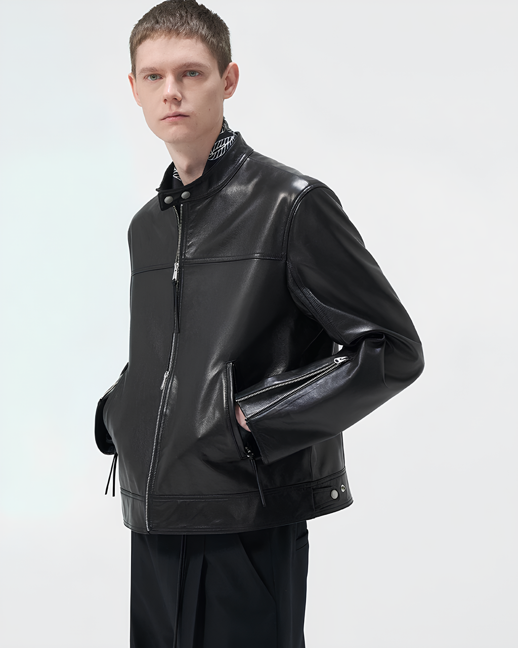 Cow Leather Stand Collar Zip Jacket koku0153