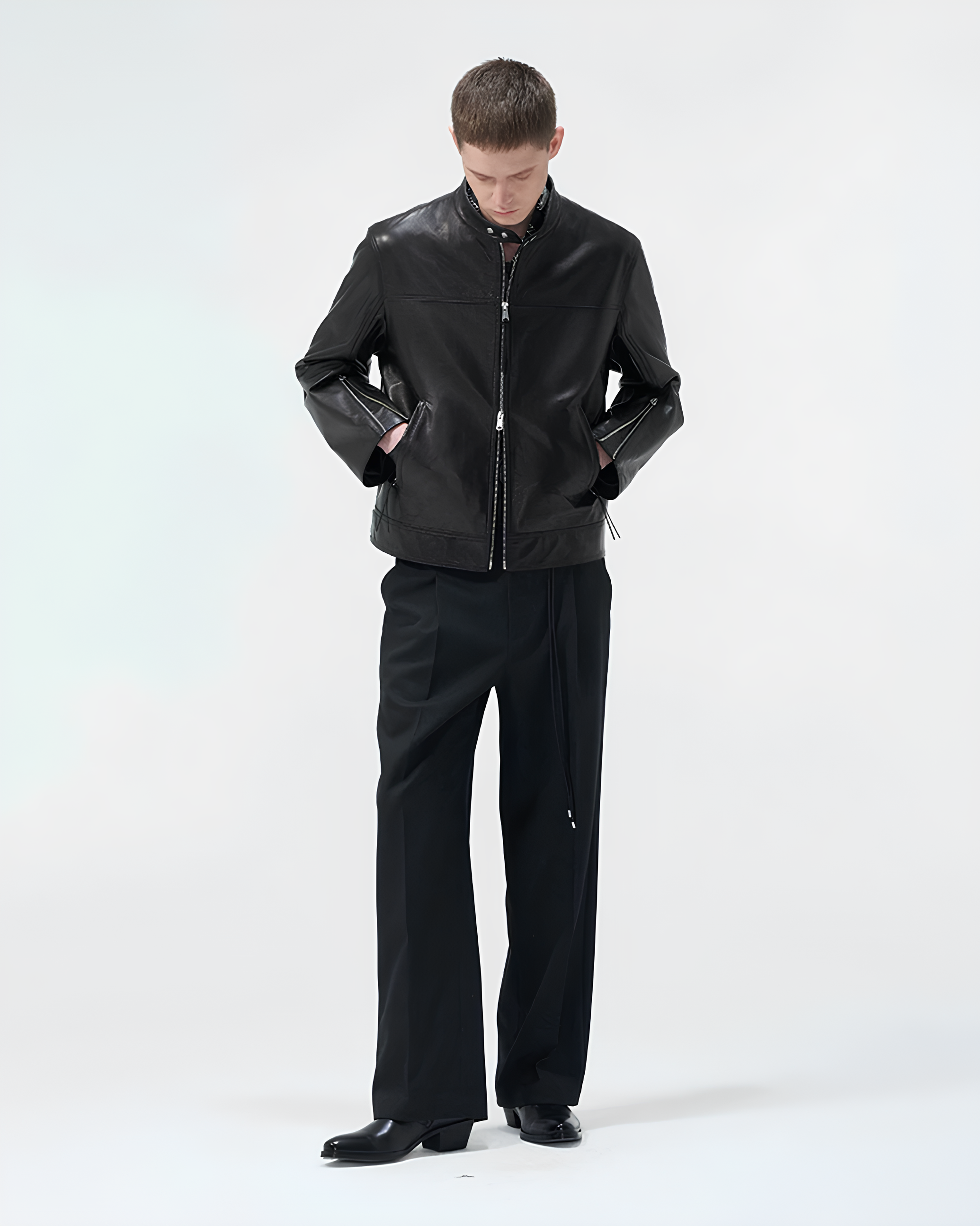Cow Leather Stand Collar Zip Jacket koku0153