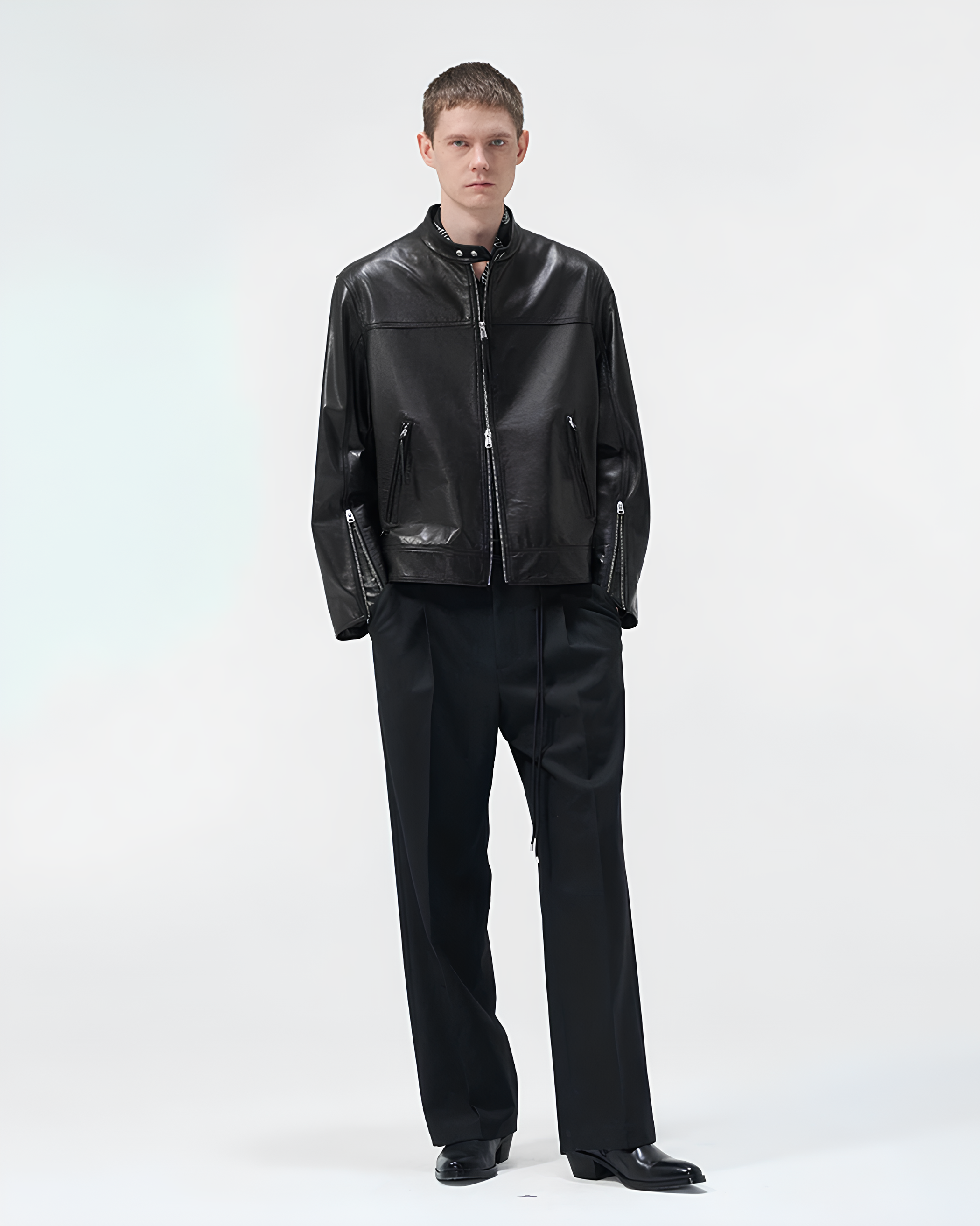 Cow Leather Stand Collar Zip Jacket koku0153