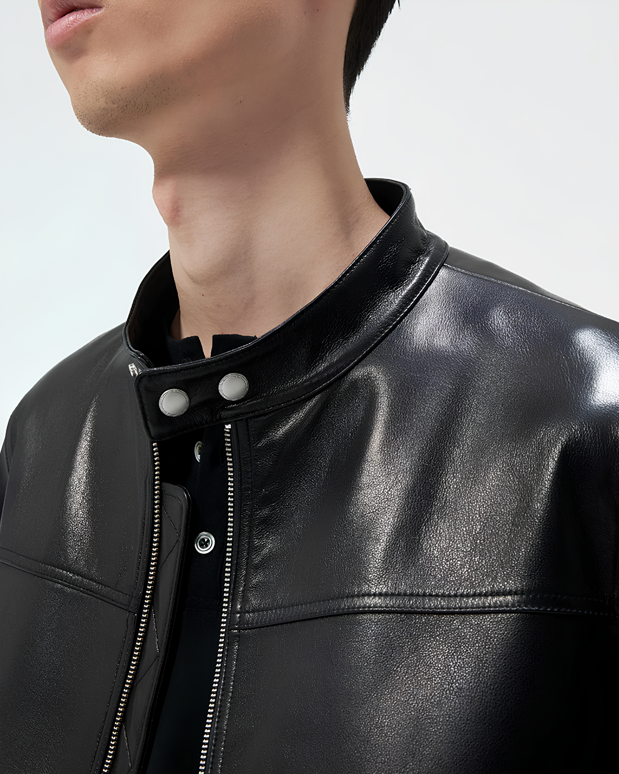 Cow Leather Stand Collar Zip Jacket koku0153