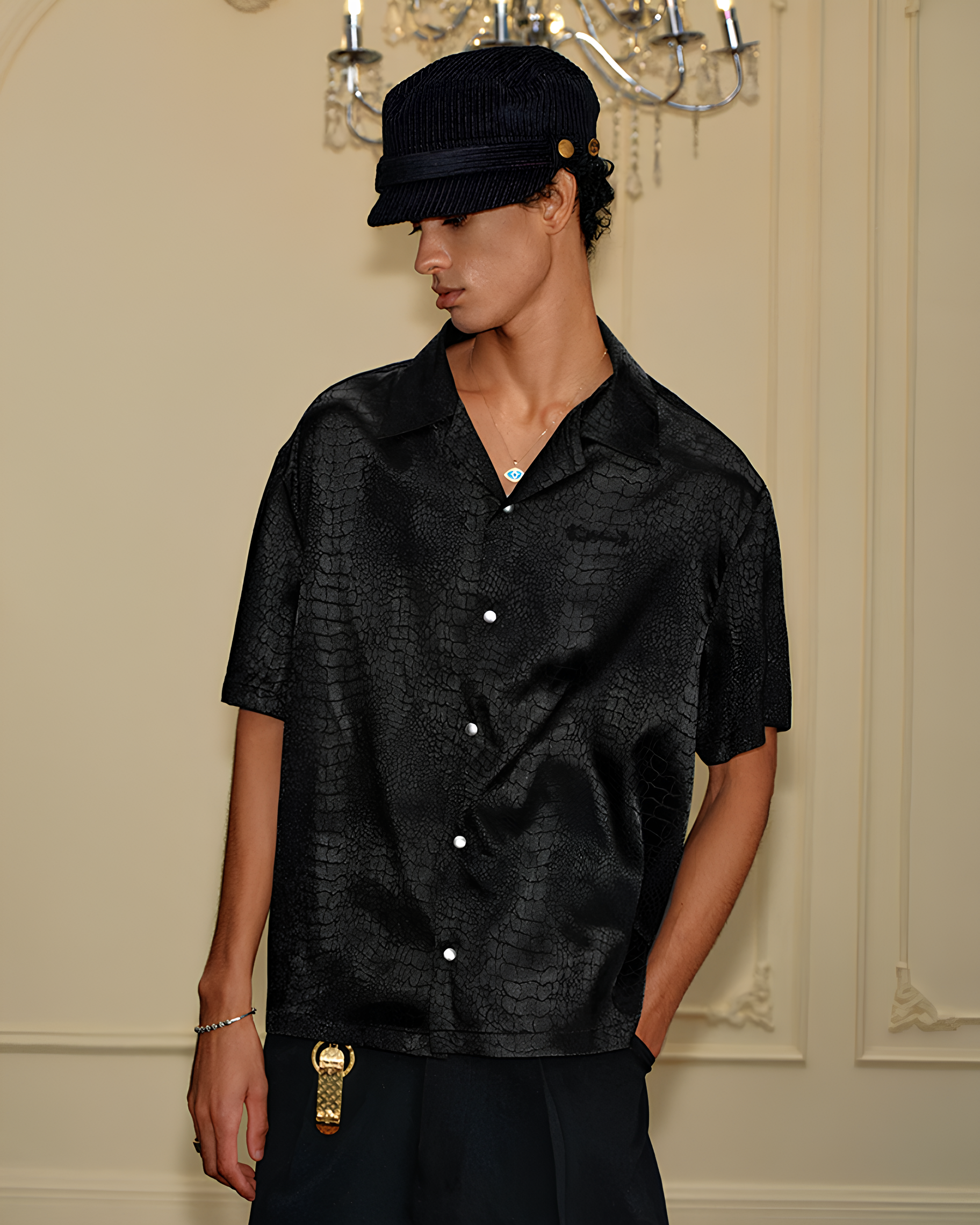 Croc Texture Open Collar Shirt koku0171