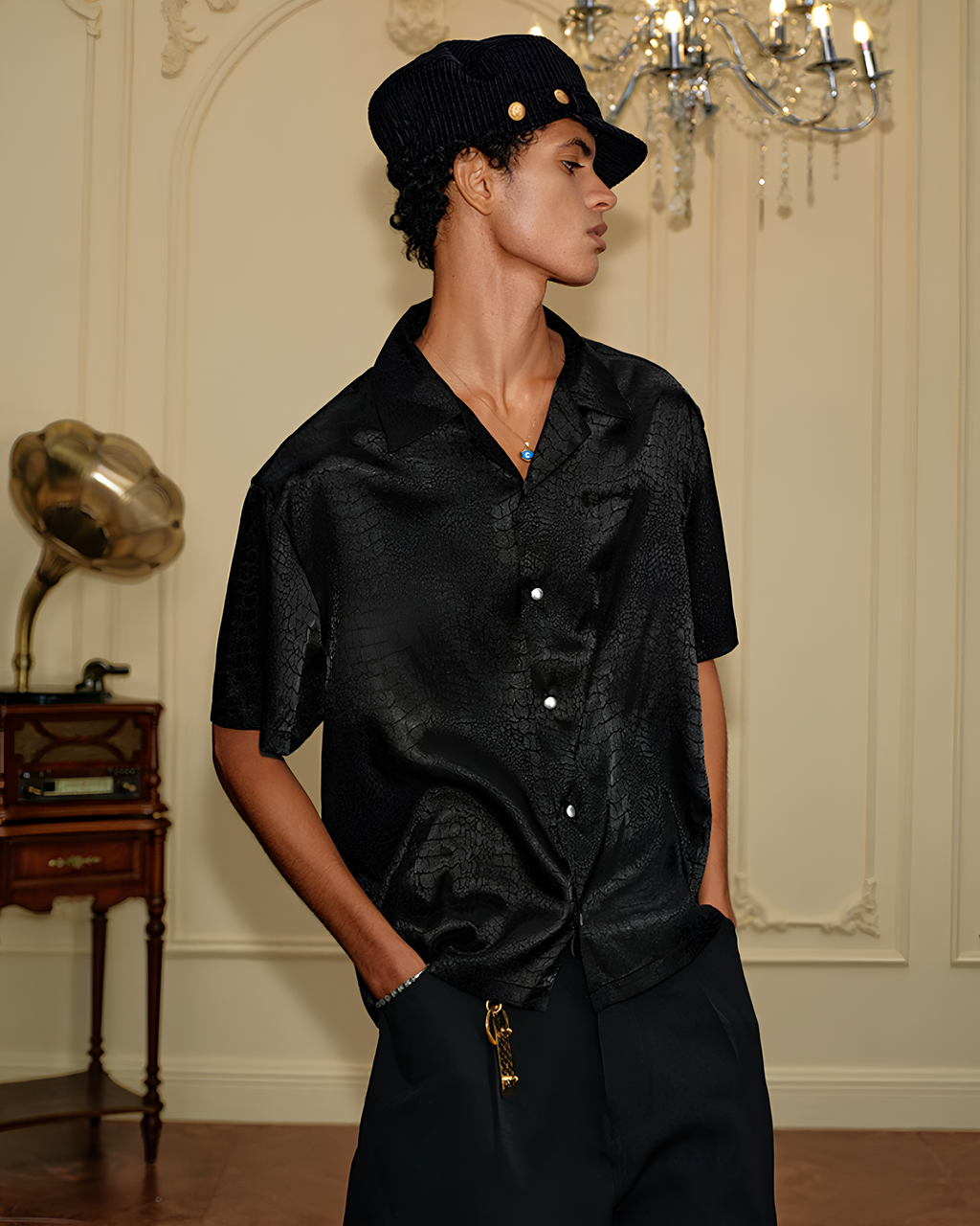 Croc Texture Open Collar Shirt koku0171