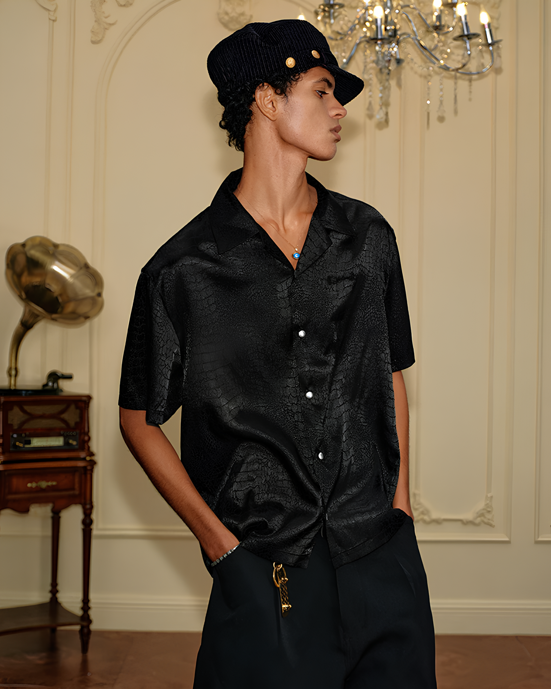Croc Texture Open Collar Shirt koku0171