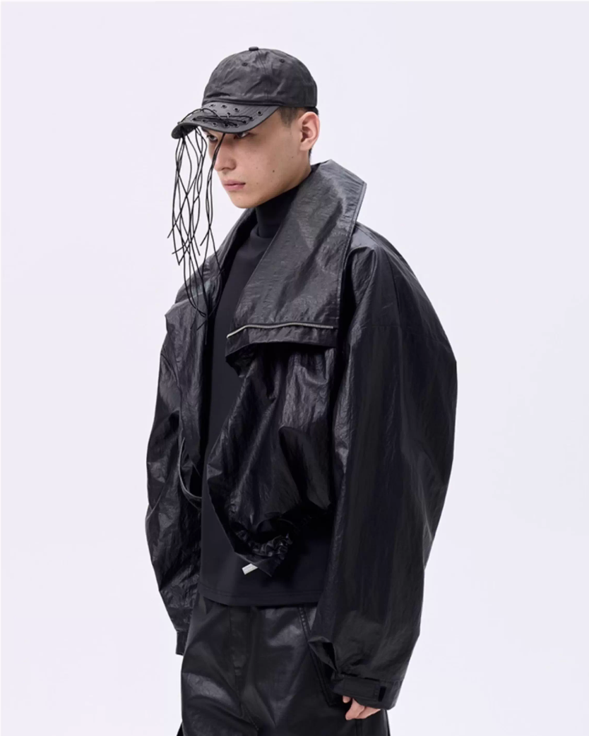 Cropped Oversized Stand Collar Coated Blouson koku0049