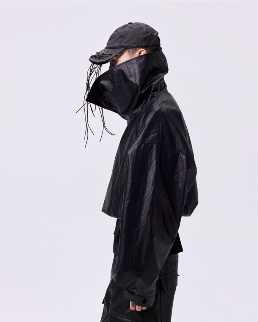 Cropped Oversized Stand Collar Coated Blouson koku0049