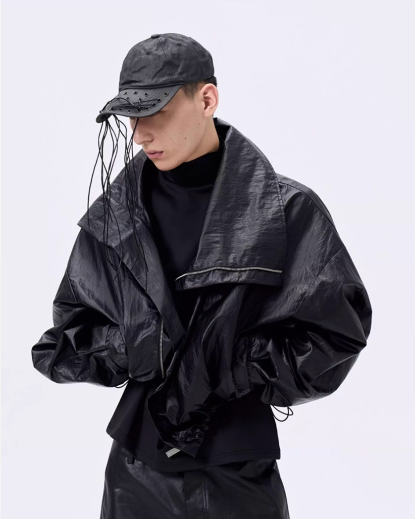 Cropped Oversized Stand Collar Coated Blouson koku0049