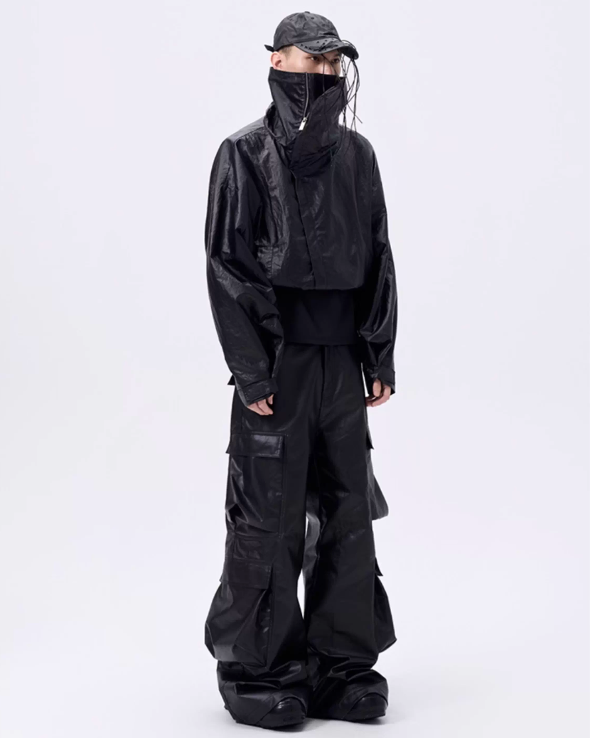 Cropped Oversized Stand Collar Coated Blouson koku0049