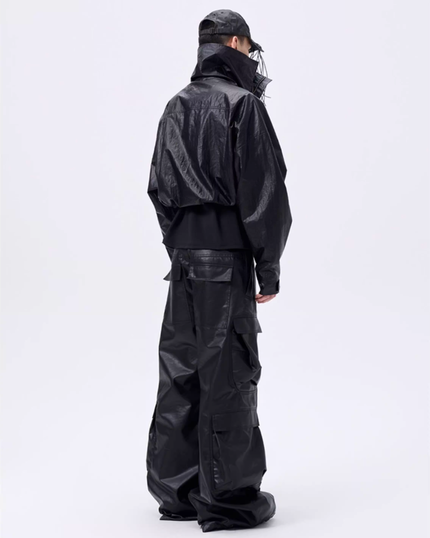 Cropped Oversized Stand Collar Coated Blouson koku0049