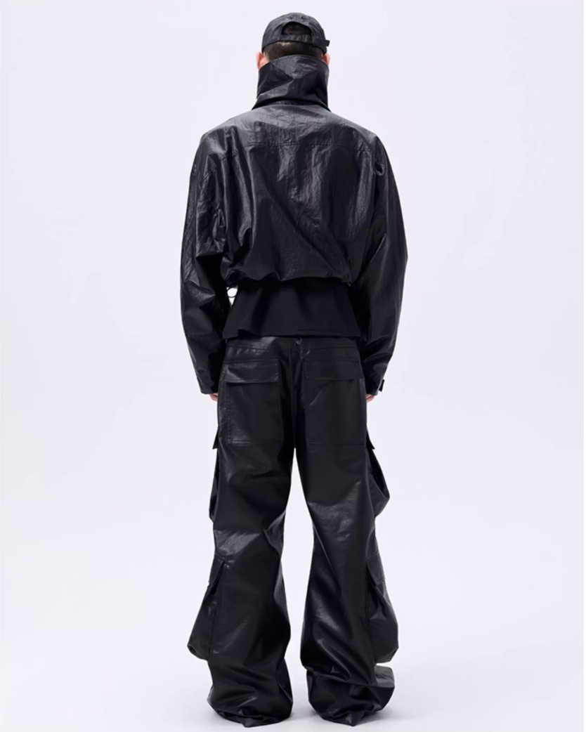 Cropped Oversized Stand Collar Coated Blouson koku0049