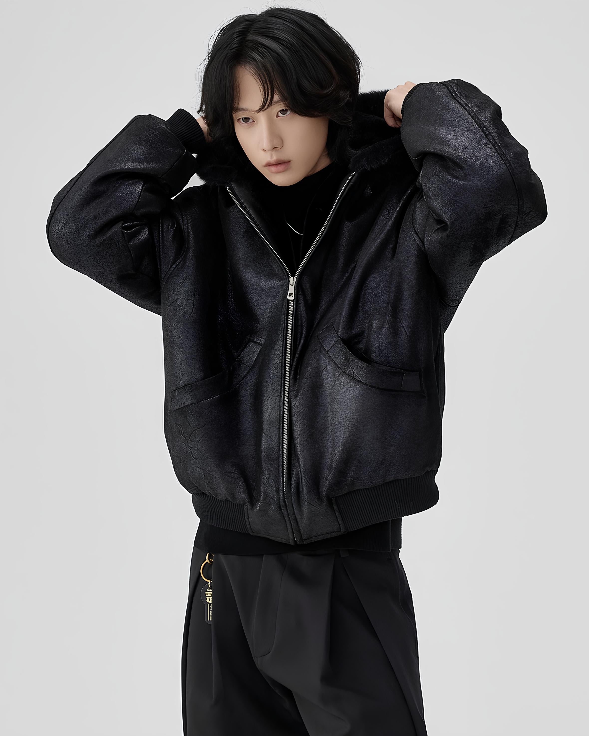 Frosted Faux-Shearling Hooded Zip Jacket koku0123