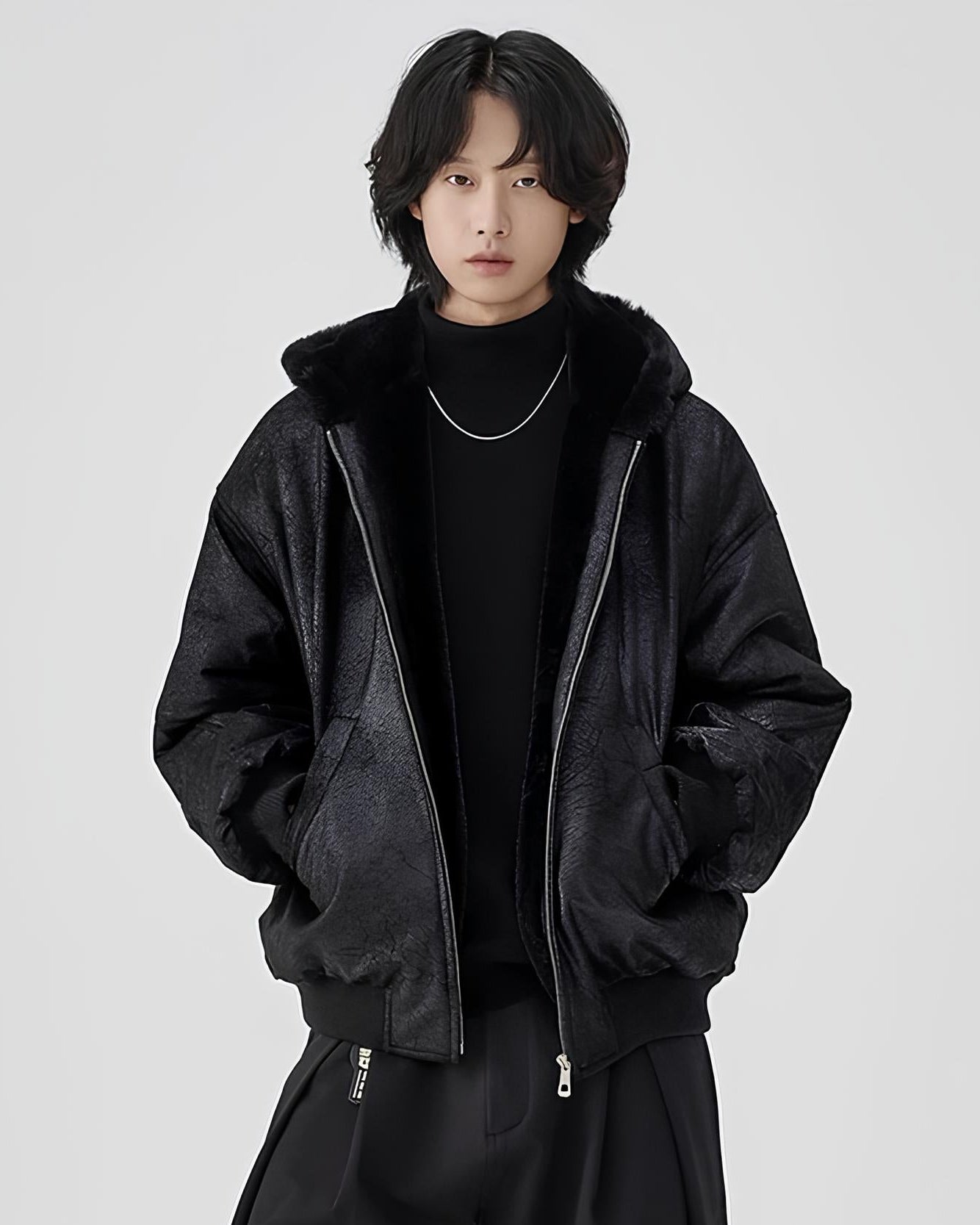 Frosted Faux-Shearling Hooded Zip Jacket koku0123