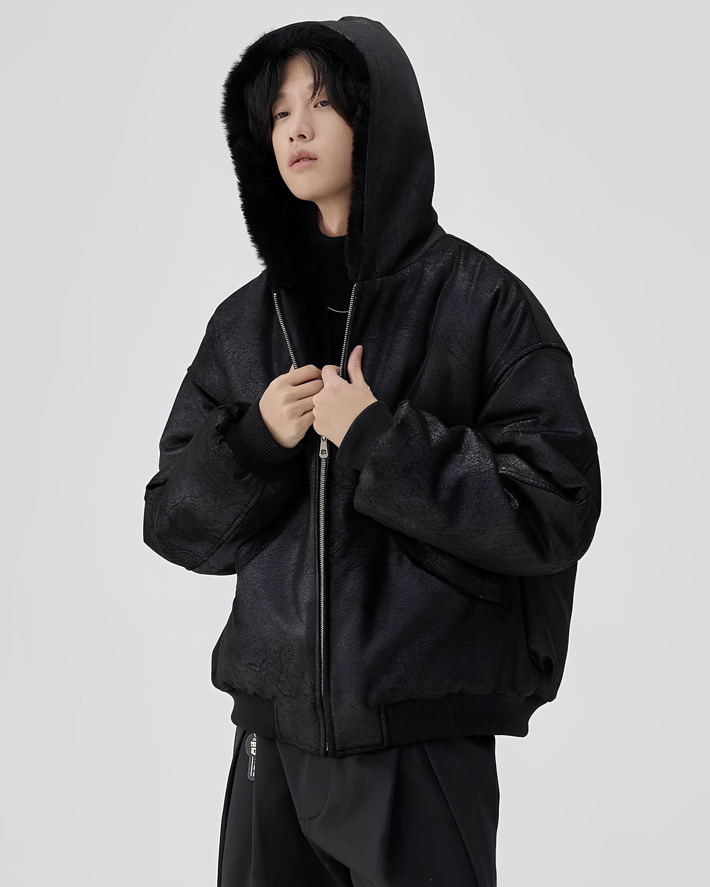 Frosted Faux-Shearling Hooded Zip Jacket koku0123