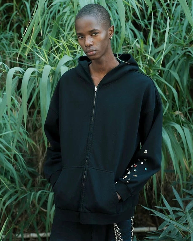 TRIANGLE PROJECT Studded Sleeve Zip-Up Hoodie koku0012