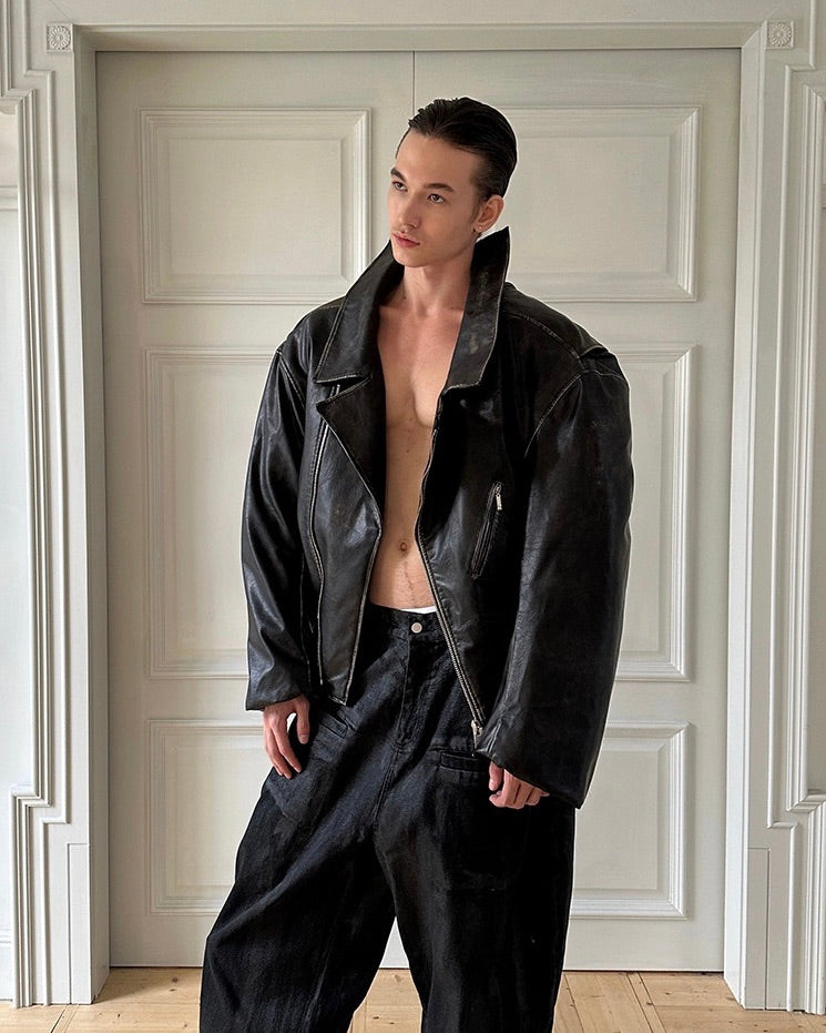 Destroyed Double Leather Jacket koku0057