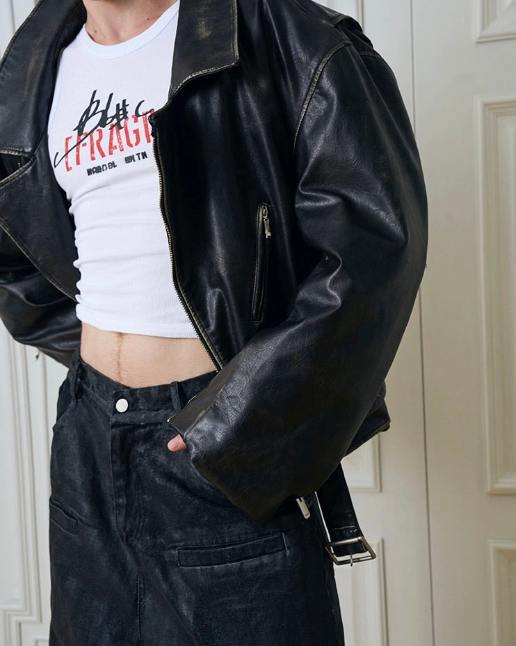 Destroyed Double Leather Jacket koku0057