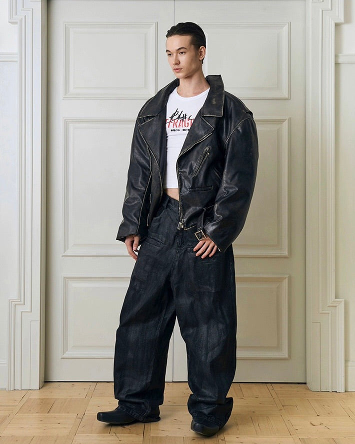 Destroyed Double Leather Jacket koku0057