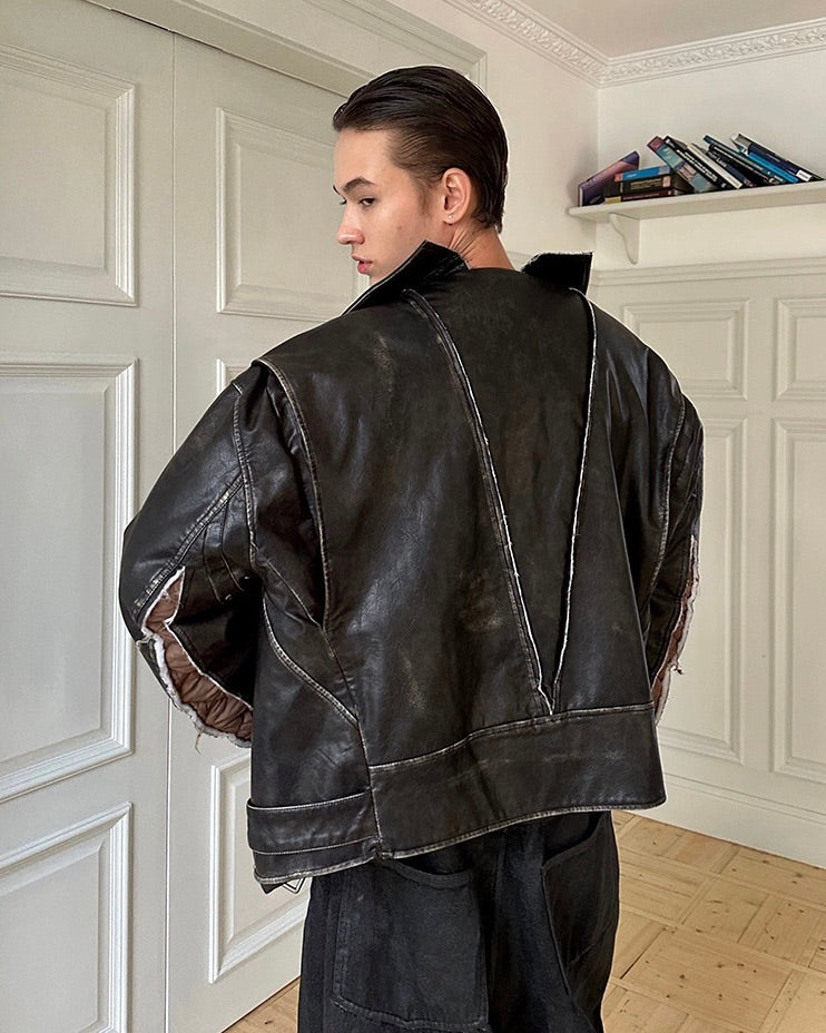 Destroyed Double Leather Jacket koku0057