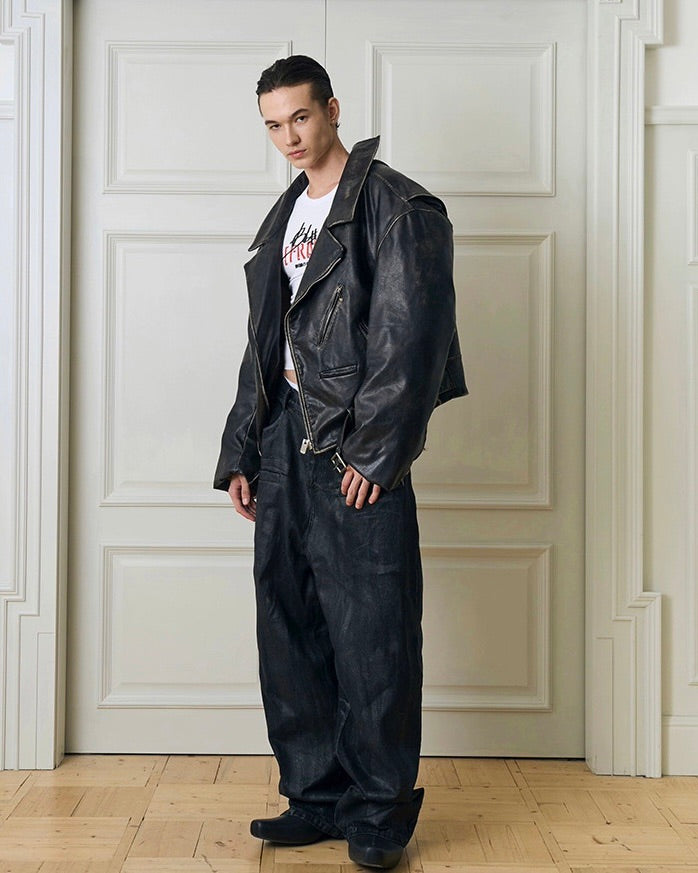 Destroyed Double Leather Jacket koku0057