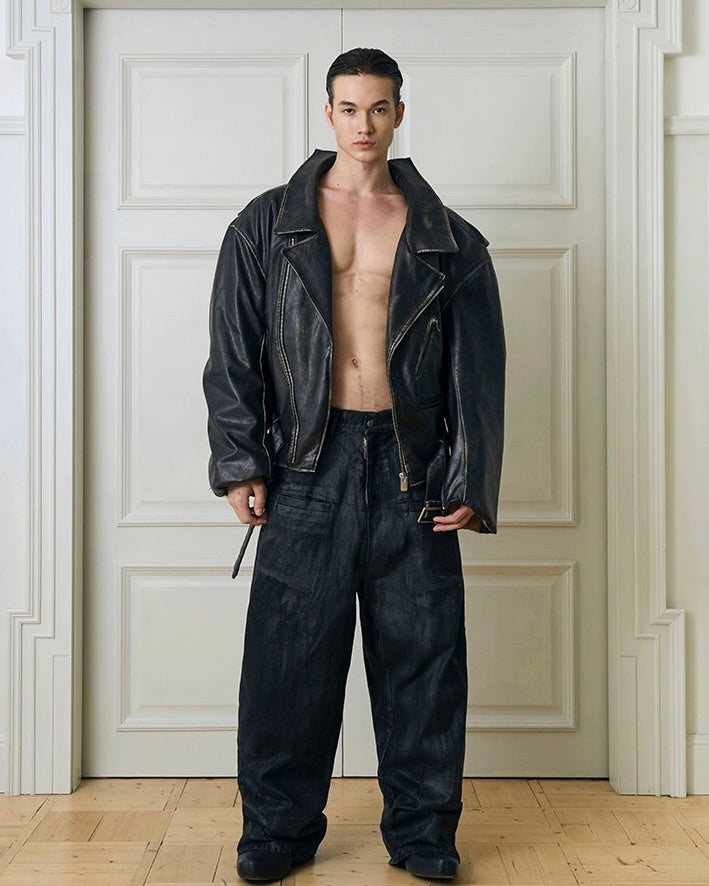 Destroyed Double Leather Jacket koku0057